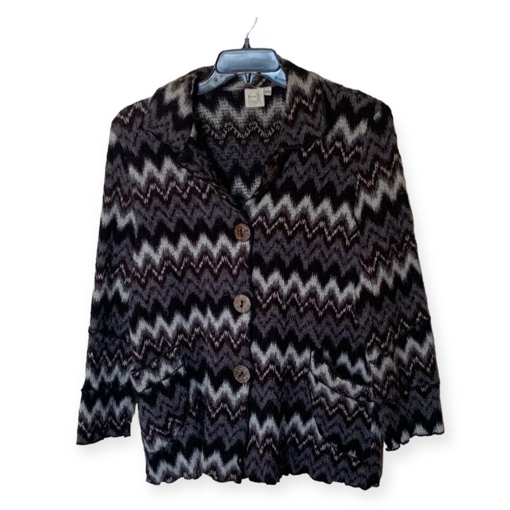 Focus Wool Blend Button Front Chevron Cardigan Sweater with Collar - Size Large
